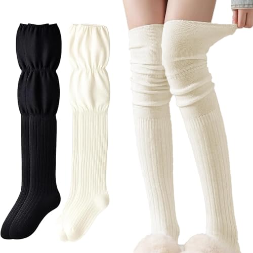 ZocRjvN 2 Paar Overknee Strümpfe Damen, Thigh High Socks Für Frauen, Warme Kniestrümpfe Für Winter,Strick Overknees Strümpfe Weiß Und Schwarz, Fashion Overknees Zum Kombinieren Mit Jeans