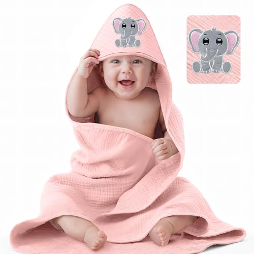 Mngevcy Kapuzenhandtuch Baby, 82 x 83 cm Baby Handtuch Kapuze aus 3 Breilagigem Musselin Baumwolle, Weich & Super Saugfähig Badeponcho Kinder für Babys & Neugeborene ab 0+ Monaten, Rosa
