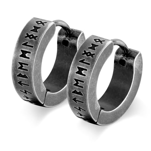 Nordischer Wikinger Hoop Ohrring Herren - Amulett Schutz Schmuck Geschenke Edelstahl Herren Ohrstecker mit Nordic Elder Futhark Runen,Vintage Grau,1 Paar