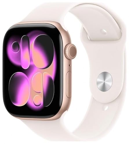 Apple Watch Series 11 GPS 42 mm Smartwatch mit rotgoldenem Aluminiumgehäuse mit Light Blush Sportband S/M, Schlafpunkt, Fitness-Tracker, Gesundheitsüberwachung, Always-On-Display, wasserabweisend