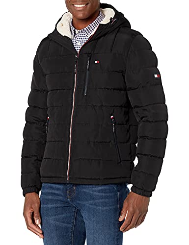 Tommy Hilfiger mittelschwere wasserabweisende Pufferjacke für Herren mit Sherpa-Futter und Kapuze, Black Tech, XXL