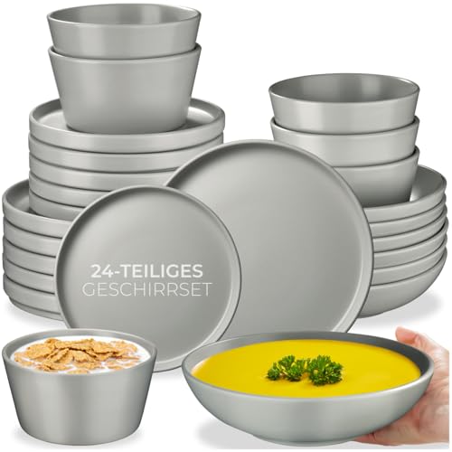 tectake® 24-tlg. Geschirrset, Tafelservice 6 Personen, Steingut Geschirr Set, Teller Set mit Schalen, Speiseteller, Frühstücksteller, tiefe Teller und Schüsseln - grau