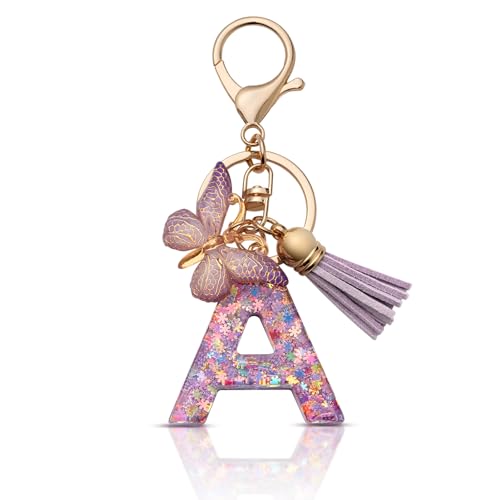 CHUQING Schlüsselanhänger Mädchen Schlüsselanhänger Buchstabe Keychain mit Anfangsbuchstaben Geschenk Schlüssel Anhänger Schmetterling für Frauen Lila A