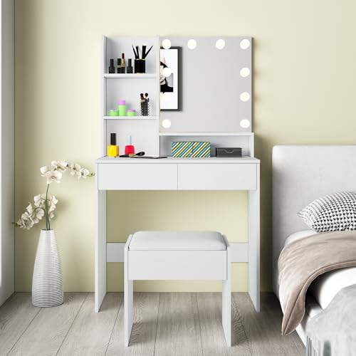 Schminktisch Klein mit Beleuchtung,Spiegel und Hocker,Frisiertisch mit 2 Schubladen,4 offenen Ablagen,3 einstellbaren Farb und Helligkeitsstufen,Modern Dressing Table,Vanity Desk 80x40x138 cm,Weiß