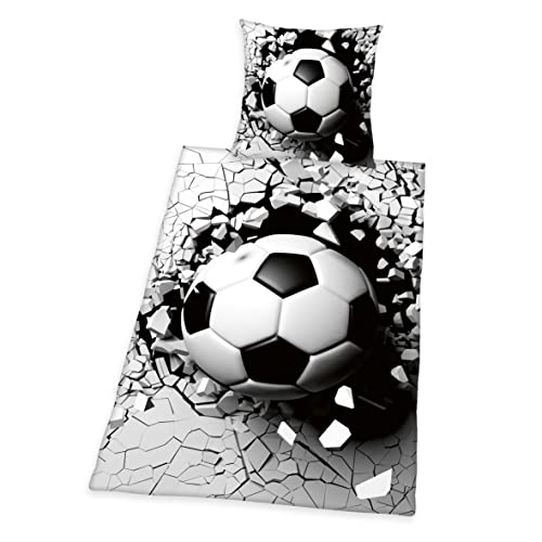 Herding 3D Effekt Bettwäsche-Set, Fußball, Kopfkissenbezug 80 x 80 cm, Bettbezug 135 x 200 cm, Mit leichtläufigem Reißverschluss, 100% Baumwolle/Renforcé, Grau/Weiß
