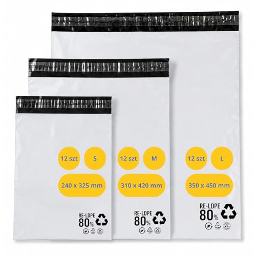 Pakomat Versandtaschen Mix 36 Stück - S/M/L Versandbeutel selbstklebend blickdicht, je 12 Stück, weiße LDPE Versandtüten für Kleidung, Warensendung und Onlinehandel