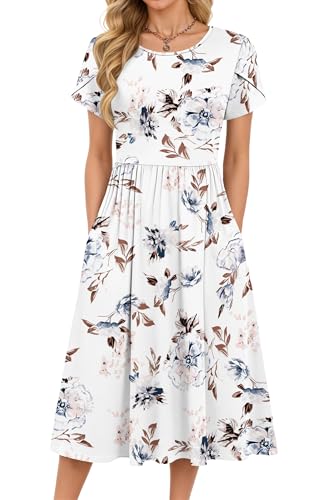 MOLERANI Damen Sommerkleider Knielang Rundhals Blumenmuster Freizeitkleid Elegant Kleider Loose Swing Damenkleid Casual Midikleid mit Taschen Blumenmuster Weiß M