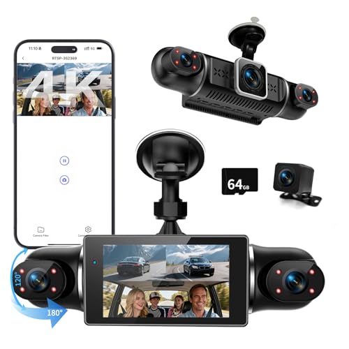 360°Dashcam Auto Vorne Hinten 4 Kanal Dash Cam Auto Kamera FHD 4K+1080Px3,kostenlose 64GB SD-Karte,WDR-Nachtsicht,G-Sensor,4×140° Weitwinkel,3