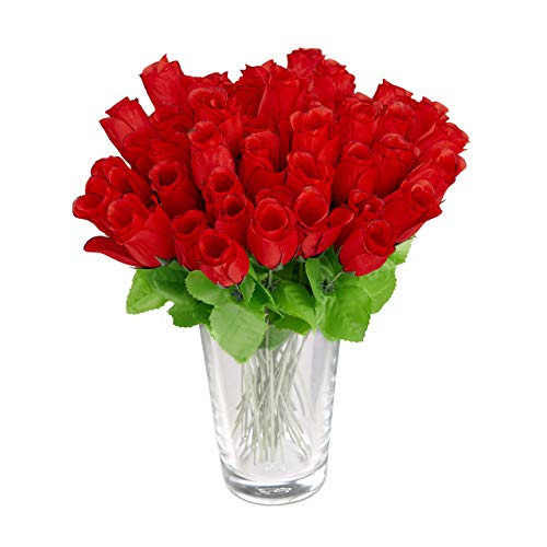 Relaxdays rot, Kunstrosen, Kunstblumen, künstliche Dekoblumen, 48 Stück mit Stiel und Blättern, Köpfe, H: 26 cm, red, 48er Pack