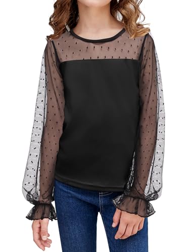 Arshiner Mädchen Tunika Chiffon Kinder Langarm Tshirt Laternen Ärmel Oberteile Rundhals Freizeit Elegant Herbst Winter Mode Shirt für Mädchen 7-8 Jahre Schwarz