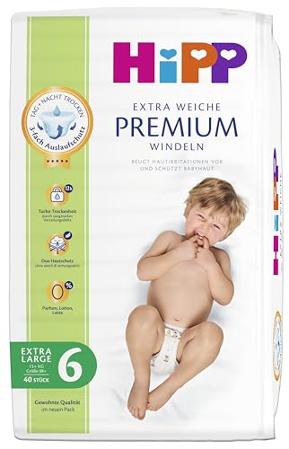 HiPP Extra Weiche Premium Windeln Größe 6 (Extra-Large, 13+ kg), 80 Stück (2 Packungen mit 40), mit 3-fach Auslaufschutz und Duo Hautschutz