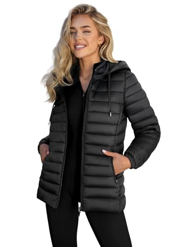 OZONEE Damen Übergangsjacke Regenjacke Jacke Übergang Jacken Herbst Bomberjacke Stehkragen Kapuze Steppjacke Kapuzenjacke Leichte Outdoor Puffer Jacket Gepolstert 777/1175K/392 SCHWARZ M