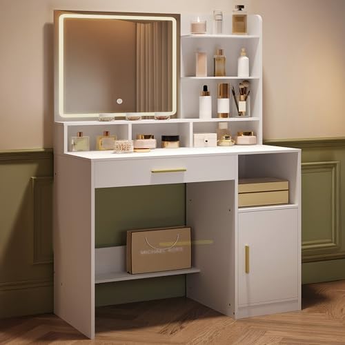 Hzuaneri Schminktisch mit Spiegel und LED-Licht, mit 3 Ablagen und 4 Offenen Fächern, Schminktisch mit Großen Schubladen und Schränken, 3 Fach Regulierbare Beleuchtung, Weiß DT42103XEU