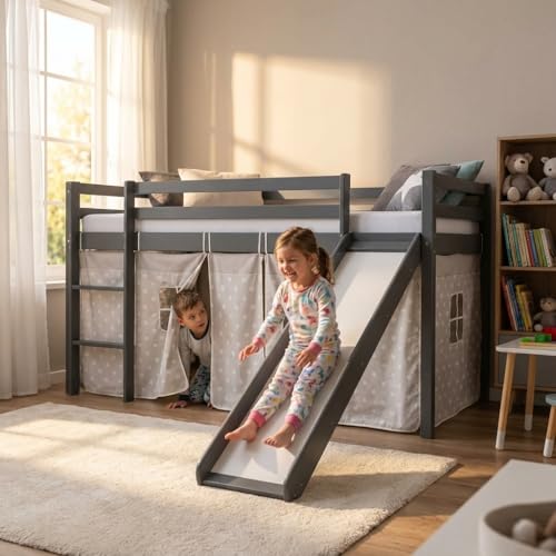Homestyle4u Kinderbett Hochbett 90x200 Grau mit Rutsche & Leiter