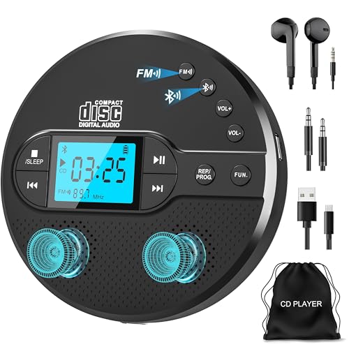 NEU 2025 Bluetooth CD Player Tragbar, Greadio Discman CD Player mit 2000mAh Wiederaufladbarer, Kompatibler FM-Transmitter, USB, AUX-Ausgang, CD Spieler mit Kopfhörer und Anti-Skip/Stoßfest