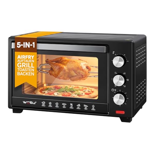 WOLTU Mini Backofen mit umluft, Pizzaofen 32 L, 1600 W, 100-230 °C, 0-60 Min. Timer, 5 Heizmodi, Doppelglastür, mit Drehspieß Backblech Grillrost Krümelblech Rostheber, Schwarz