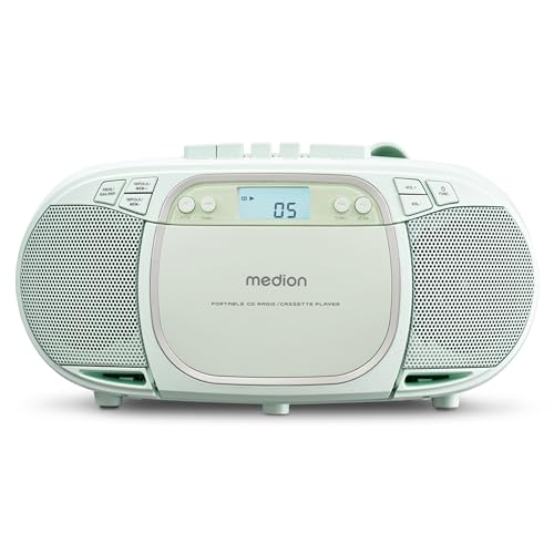 MEDION E66476 Stereo Sound System (Boombox, CD-Player, MP3, Kassette, tragbarer Kassettenspieler für Kinder, UKW Radio, AUX, Kopfhörer, Netz & Batterie) grün