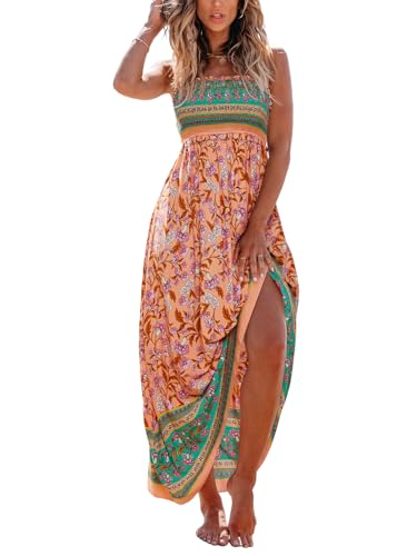 CUPSHE Damen Sommerkleid Blumenmuster Gesmokt Ärmellos Maxikleid Rüschen Spaghettiträger Lang Freizeitkleider Maxi Dress