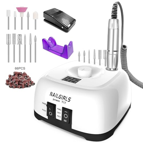 NAILGIRLS Elektrische Nagelfräser, 11 in 1 Nagelfräser für Gelnägel, 35000 U/min, Leise, mit LCD-Display und Fußpedal, Maniküre Set Elektrisch, Maniküre Pediküre Set für Anfänger & Profis(Weiß)