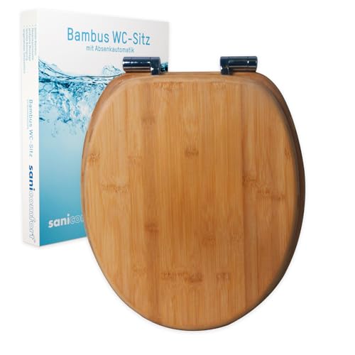 sanicomfort Bambus WC-Sitz mit Absenkautomatik, oval 43,2 × 37,2 cm, Toilettendeckel aus massivem Bambus, bis 150 kg belastbar, Edelstahl-Scharniere, Montageset – Dunkel