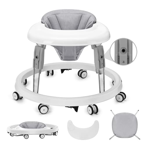 Baby Lauflernhilfe, Anti-Collision Design One-Touch Folding Baby Walker, Anti-Roll 8-Rad-Rundfahrwerk, 7-Gang höhenverstellbar, mit großem Essteller und Bremse von 6-18M (Grau)
