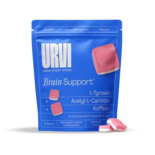 URVI® Brain Gummies – Koffein, L Carnitin, L Tyrosin, mit Folat (Quatrefolic®), Vitamin B12 & Jod – für kognitive Funktion & Nervensystem* – Zuckerfrei – Erdbeergeschmack – 30 Stück