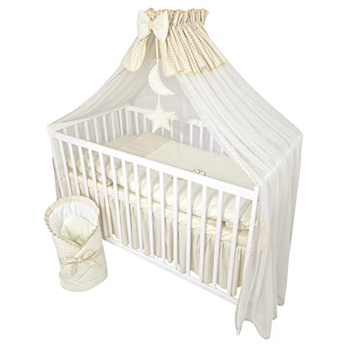 Bello24 - 13 Teiliges Babybett Kinderbett und Bettwäsche komplett Set Happy Leo inkl. Matratze höhenverstellbar für Neugeborene Babys und Kleinkinder aus Massivholz Bestickt (Teddybär Mond Hellbeige)