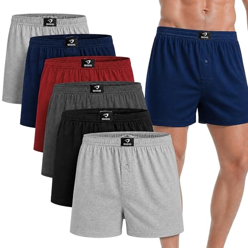 SGS Boxershorts Herren Locker & Weich – 10er & 6er Pack, 100% Baumwolle Herren Unterwäsche & Unterhosen Männer Weit, Keine Kniefeln, mit & ohne Eingriff, bis 6XL(L-6 Stück ohne Eingriff Uni)