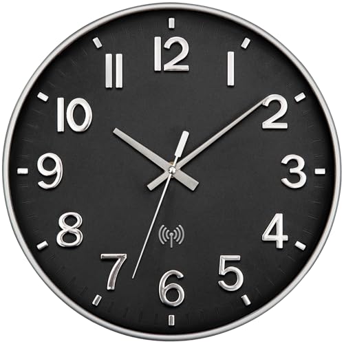NESIFEE Wanduhr Funk Funkuhr Wand Lautlos Funkwanduhr Geräuschlos Funk Wanduhr Ohne TickgeräUsche 30cm Groß Moderne Design Wohnzimmeruhr Küchenuhren Deko Wohnzimmer Badezimmeruhr Wandfunkuhr Schwarz