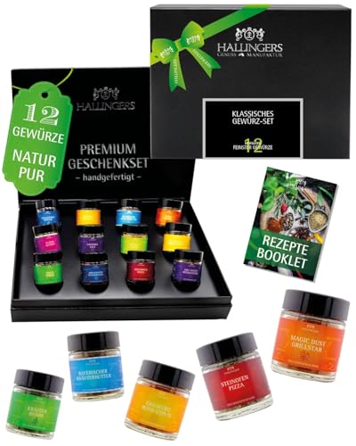 Hallingers Genuss Manufaktur Gewürz Geschenk-Set - 12 Gewürze aus aller Welt in wertiger Geschenkbox mit Rezept-Booklet