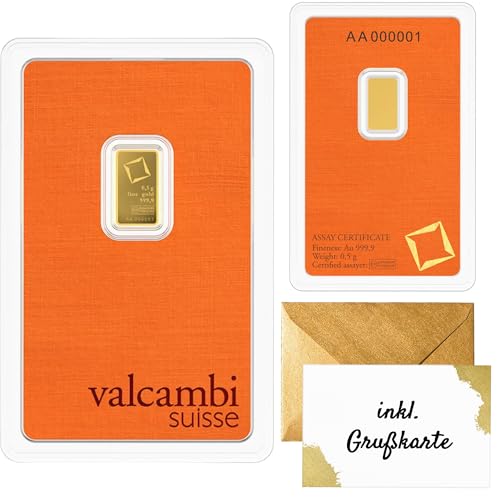 Valcambi Suisse Goldbarren im Blister – Feingold 999,9 – Geschenkset mit Grußkarte, goldenem Umschlag & Echtheitsgarantie – edles Goldgeschenk (0,5g Gold)
