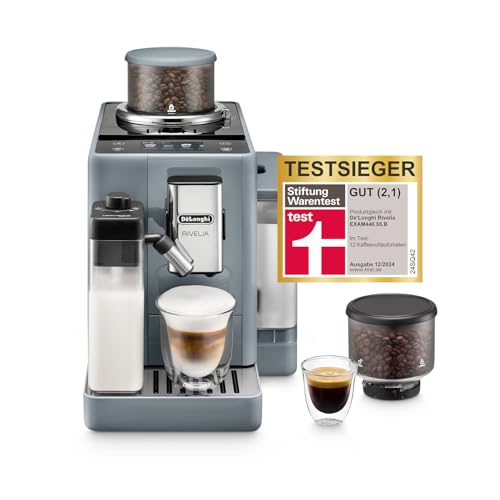 De’Longhi Rivelia - Perfetto Kaffeevollautomat mit LatteCrema-Milchaufschäumer, 16 One-Touch-Getränke, farbiges Touch-Display, austauschbare Bohnenbehälter, Grau (EXAM440.55.G)