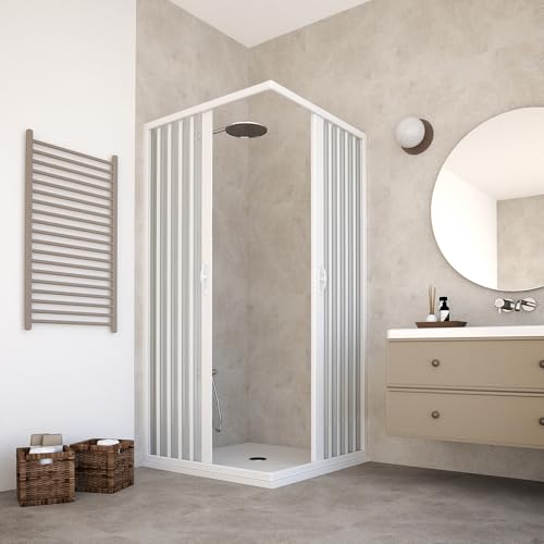 Duschkabine 75 x 75 x H 185 cm Modell Paola aus PVC mit Ecköffnung Doppeltür halbtransparent mit Faltfalten, reduzierbar und wendbar, Farbe: Weiß.