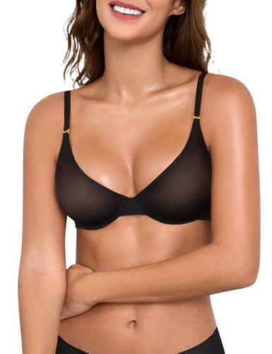 UMIPUBO BH Damen mit Bügel Push Up Damen-BHS Sexy Durchsichtig Mesh Minimizer Bra Seamless Transparent Nahtloser Triangel V-Ausschnitt BHS Soft Nahtlos Bra für Kleine Brüste Bralette (Schwarz, 75A)