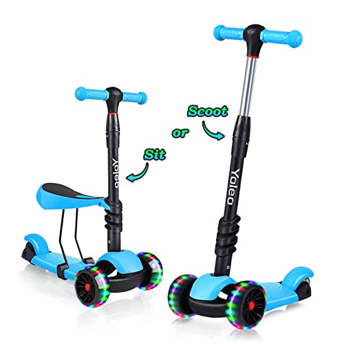 Yoleo 3-in-1 Kinder Roller Scooter mit Abnehmbarem Sitz, PU Räder, Höheverstellbare Lenker für Kleinkinder Jungen Mädchen ab 2 Jahre (Blau)