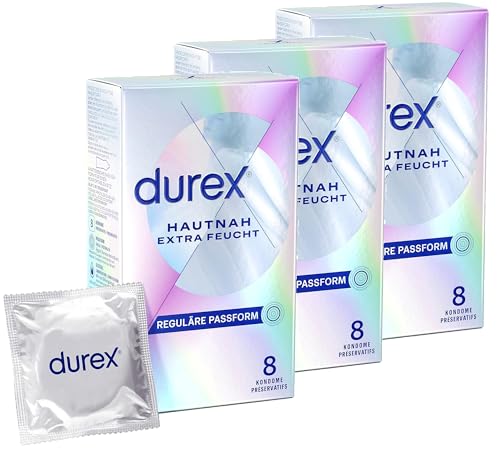 Durex Hautnah Extra Feucht Kondome – Ultra dünn, mit anatomischer Easy-On-Form & mit viel Silikongleitgel befeuchtet – 24er Pack (3 x 8 Stück)