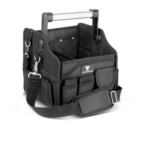 STAHLWERK Werkzeugtasche – 14 Außentaschen, 2 Innenfächer, robuste Elektriker-Tasche, tragbare Montagetasche mit verstärktem Rahmen, Aluminium-Tragegriff und Gurt, strapazierfähiges Polyester-Gewebe