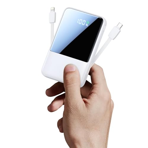 Aioneus Power Bank, Mini Powerbank 10000mAh mit integrierte Kabel (USB-C + Lightning) - Klein 22.5W PD Schnellladung Externe Handyakku für iPhone 17/16/15/14/13/12/11, Samsung Galaxy, iPad