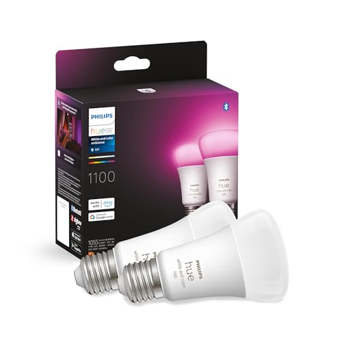 Philips Hue White & Color Ambiance E27 LED Glühbirne, 1100lm, 16 Mio. Farben, dimmbar, steuerbar via App und Stimme, kompatibel mit Amazon Alexa, 2er Pack, alte Generation