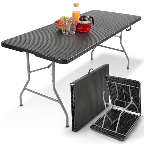 Arebos Gartentisch Klappbar Wetterfest Rattan Optik Schwarz | 182x74 cm | Campingtisch Klapptisch 8 Personen | Buffettisch Partytisch mit Tragegriff | Garten Terrasse