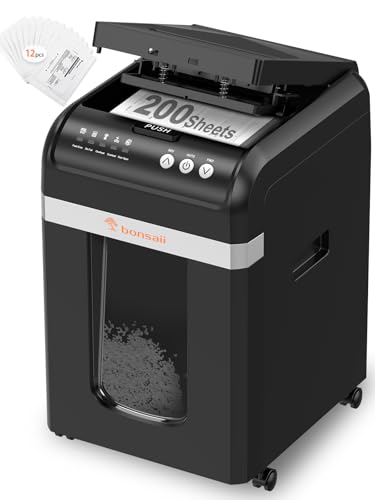 Bonsaii Aktenvernichter mit automatischem 200-Blatt-Einzug, 60 Min Dauerbetrieb, DIN P-4 Mikroschnitt, 31L herausziehbarer Behälter, leise (58 dB) & energiesparend – ideal fürs Büro, C283