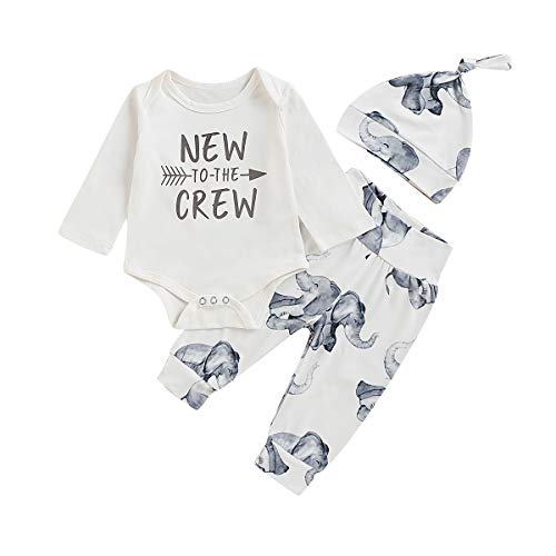 Gajaous Neugeborenes Baby Jungen Mädchen Kleidung New to The Crew Strampler Bodysuit + Elephant Hosen + Hat 3pcs Kleidung Set, Weiß, 70,0-6M