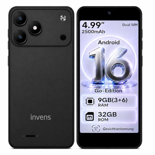 invens TK02 5 Zoll Smartphone, Android 16, 3-Karten-Slot (Dual SIM + microSD), austauschbarer 2500 mAh Akku, 8MP+5MP Kamera, 155 g Leicht, USB-C, 3,5 mm/Radio, Handy Ohne Vertrag, Schwarz