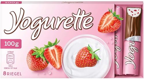 Yogurette Erdbeere Riegel – Fruchtig-frischer Geschmack von Magermilchjoghurt, Erdbeeren & zarter Vollmilchschokolade – Snack für zwischendurch – 1 Packung mit 8 einzeln verpackten Riegeln, 100 g
