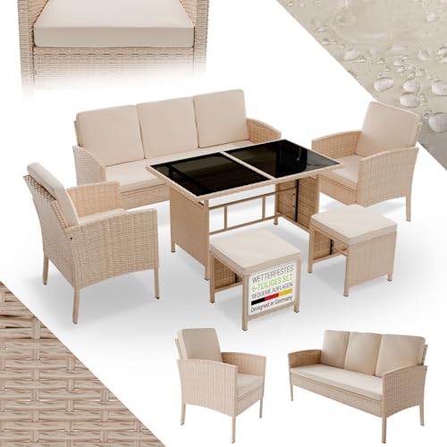 Juskys Gartenmöbel Set Polyrattan 6-teilig – Lounge Möbel Turin für 7 Personen mit Sesseln, Hockern, Tisch & Kissen, wetterfeste Balkonmöbel Sitzgruppe – Creme