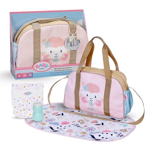 BABY born Wickeltasche, Puppenwickeltasche mit Blumen inkl. Wickelunterlage, Windel und Puderdose, Rosa