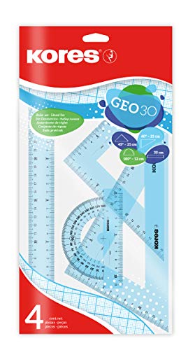 Kores - Geo30: 4-teilges Mathematik-Set für Kinder und Schüler, Kunststoff Geometrie Set mit Lineal, Winkelmesser und Zeichendreieck, Schulbedarf, Set in sortierten Farben