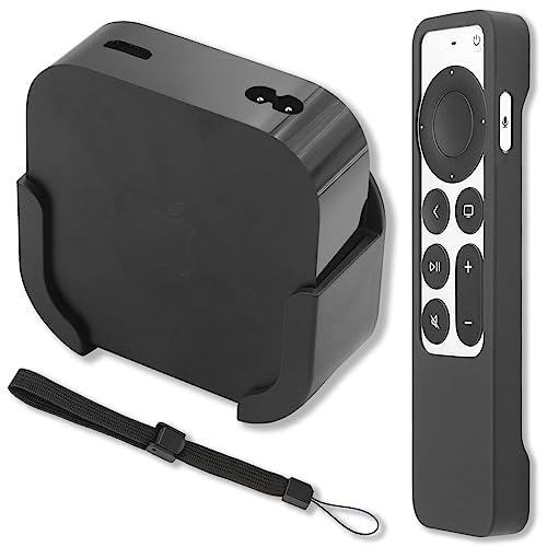 Pinowu TV Halterung Kompatibel mit 2022 Apple TV 4K, Wandhalterung Halterung Halter mit Schwarz Silikon Fernbedienung Schutzhülle