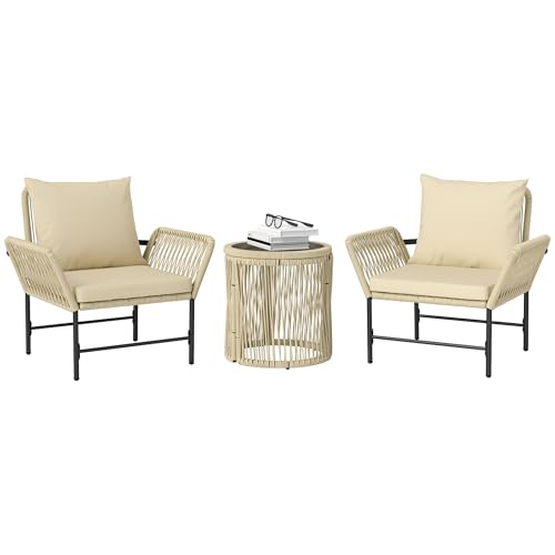 Outsunny Polyrattan Gartenmöbel Set, 3-teilig Sitzgruppe mit 2 Stühlen und Beistelltisch Outdoor Lounge Balkonmöbel für 2 Personen wetterfest Gartenlounge mit Sitzkissen für Garten Balkon Khaki+Beige