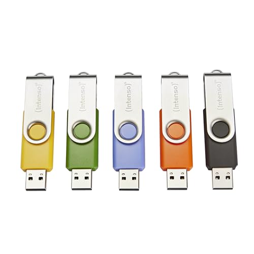 Intenso Basic Line 5X 32 GB USB-Sticks USB 2.0 mit praktischen Beschriftungsetiketten, Gelb, Grün, Schwarz, Blau + Orange, mit silbernem Metallbügel, 5er Pack